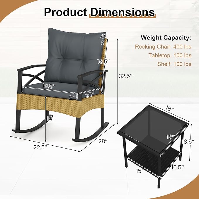 Tangkula 3 Pieces Outdoor Rocking Chairs Set, Rattan Heavy Duty Cushioned - Image 6