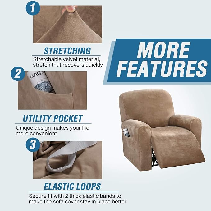 H.VERSAILTEX Velvet Stretch Recliner Couch Covers 4-Pieces Style Recliner Chair - Image 4