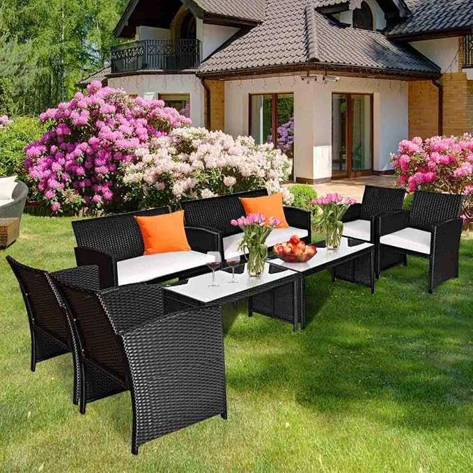 Tangkula Patio Wicker Conversation Furniture Set, Patiojoy Sofa & Table Set w/4 - Image 3