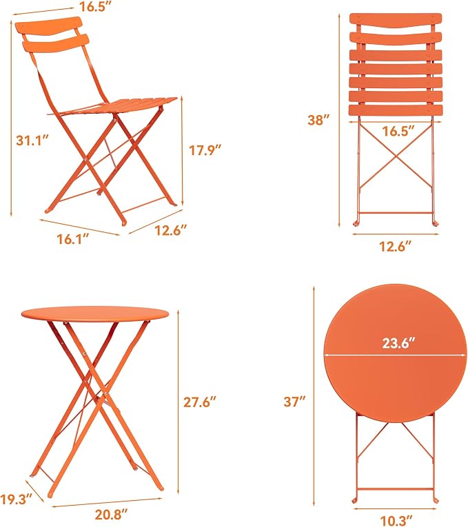 GarveeLife 3 Piece Patio Bistro Set, Folding Patio Bistro Table and Chairs Set - Image 8