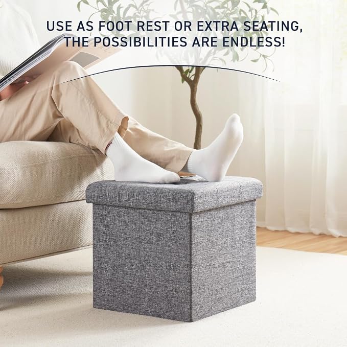 Ornavo Home 2 Pack 15 Inch Folding Storage Ottoman, Square Cube Linen Small - Image 5