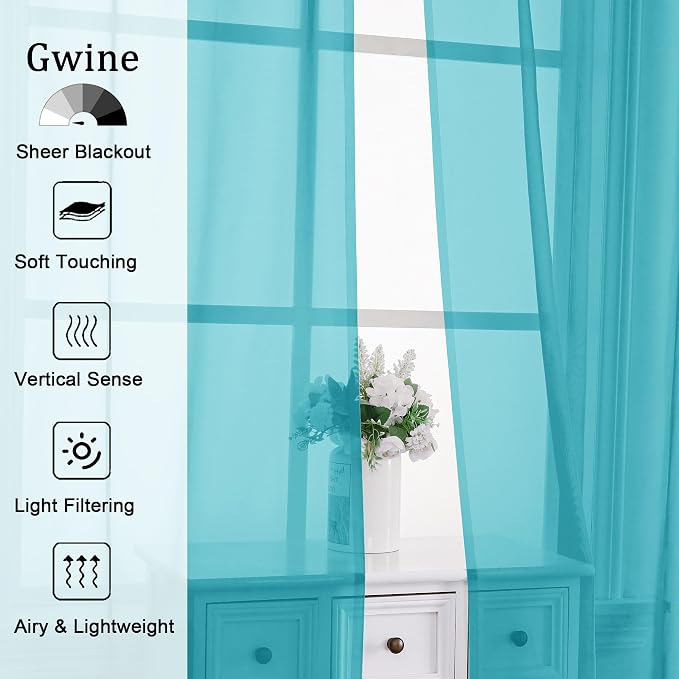 Gwine Turquoise Sheer Curtain Tiers 24 Inch Length, Light Filtering Voile Short - Image 3