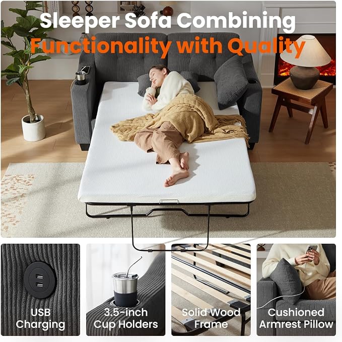 Full Size Pull Out Sleeper Sofa Bed, 2-in-1 Convertible Corduroy Pull Out Couch - Image 6