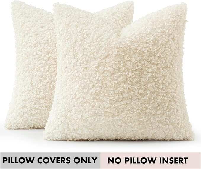 Faux Fur Throw Pillow Covers 18x18 Inch Set of 2 Boucle Neutral Decorative - Image 9