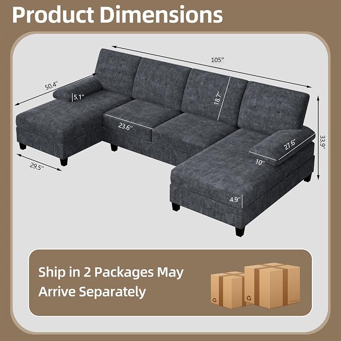 U-Shaped Sectional Sofa with Double Chaise, Linen Fabric 4-Seat Modern Couch - Image 2