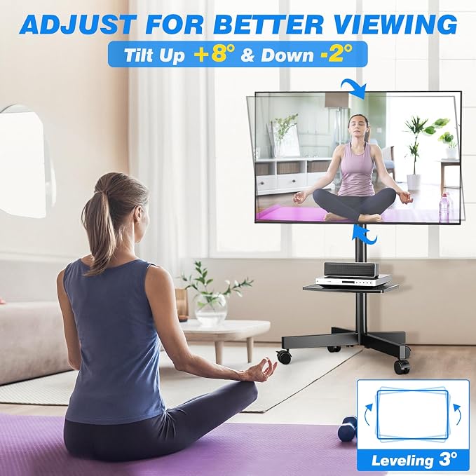 Rolling TV Stand with Shelf for 23-65 inch TVs up to 88lbs, Portable Mobile TV - Image 4