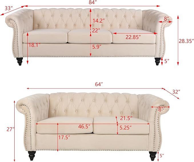 RARZOE Modern 2 Pieces Living Room Sofa Set, Contemporary Tufted Button Velvet - Image 2