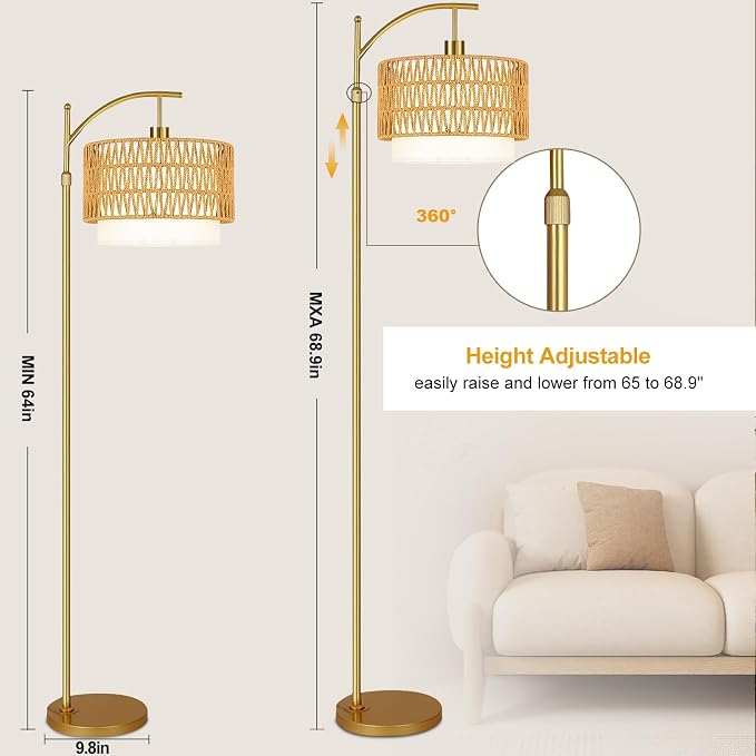 Gold Floor Lamps for Living Room Rattan Boho Floor Lamp - Image 6
