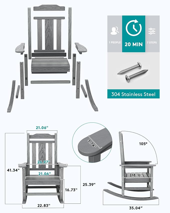 SERWALL Oversized Outdoor Rocking Chair Set of 4, All Weather Patio Rocking - Image 5