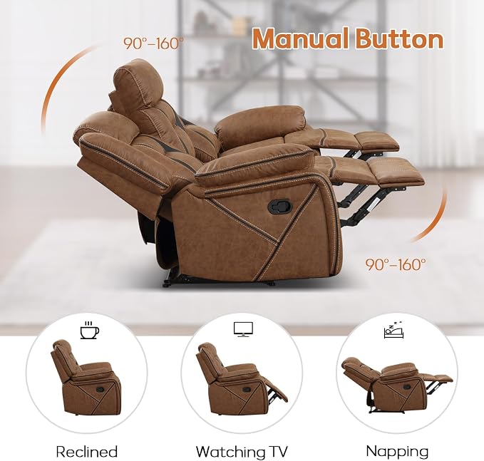 EBELLO Manual Recliner Sofa Set, Faux Leather Reclining Living Room Furniture - Image 4