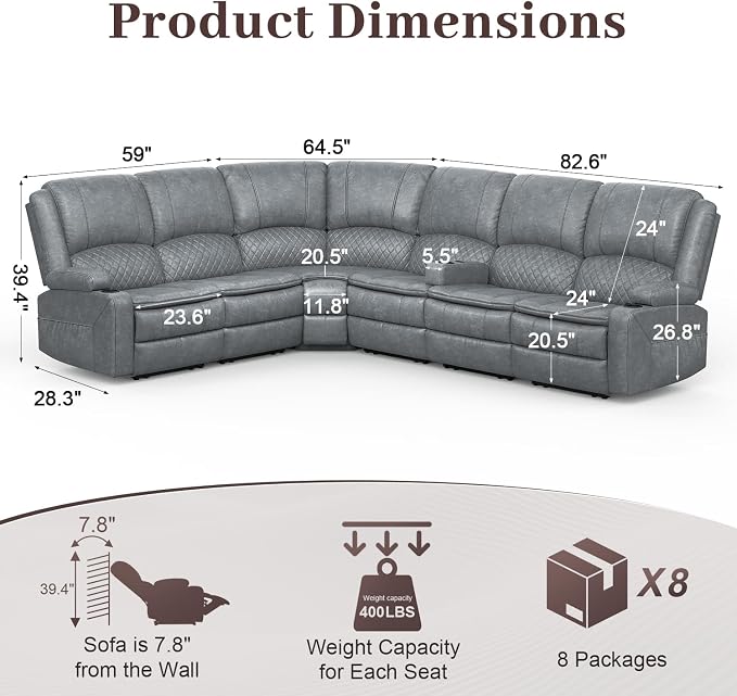 Yolsali Manual Reclining Sectional Sofa Set, 6 Seats Soft Leather Recliner - Image 2