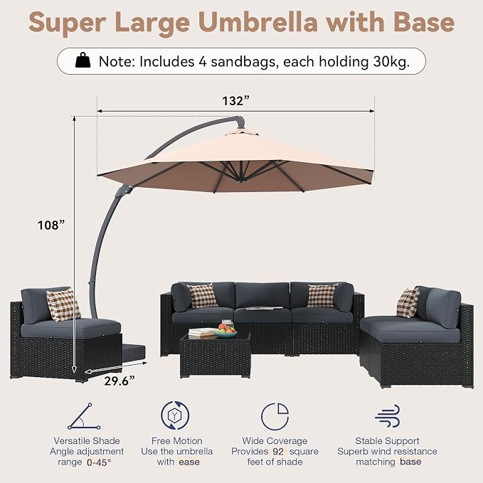 Aoxun Patio Furniture Set with Umbrella, 8 Piece Outdoor Sectional Sofas - Image 5