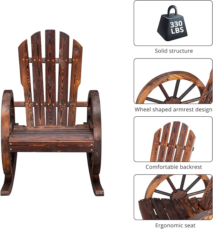 Outvita Adirondack Rocking Chair, Wood Wagon Rocker, Outdoor Wooden Carbonized - Image 6