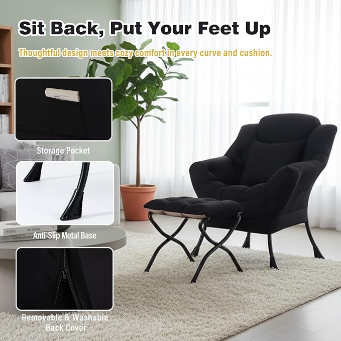 Lazy Chair with Ottoman, Large Accent Chair with Ottoman and a Throw Pillow - Image 4