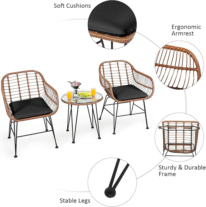 Tangkula 3 Pieces Patio Conversation Bistro Set, Outdoor Wicker Furniture - Image 8