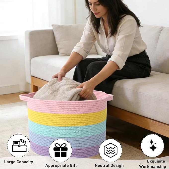 90L Large Blanket Basket, 21.7"L x 21.7"W x 13.8"H Rope Woven Baskets - Image 4