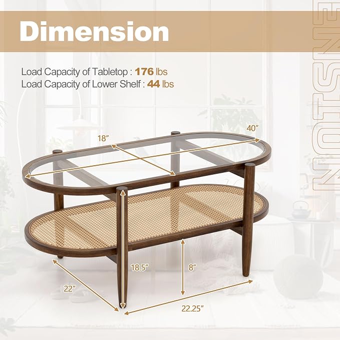 Giantex Rattan Coffee Table, 2-Tier Oval Acacia Wood Tea Table w/Tempered Glass - Image 2