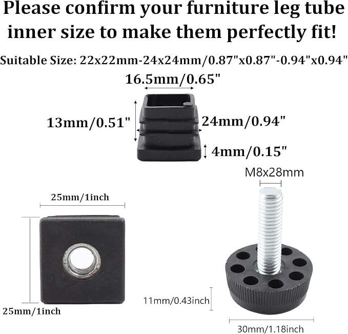 8Pcs Adjustable Leveling Feet 25 x 25mm Square Insert Kit Furniture Glide - Image 2