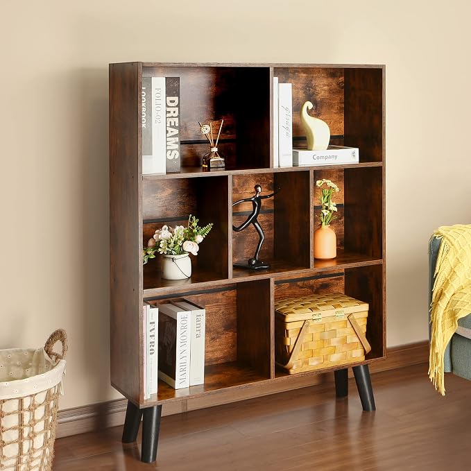LEYAOYAO Cube Bookshelf 3 Tier Mid-Century Rustic Brown Modern Bookcase - Image 4