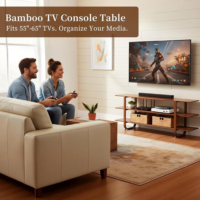 Welnow Bamboo TV Stand for Up to 65 Inch, Mid Century Modern Entertainment - Image 9
