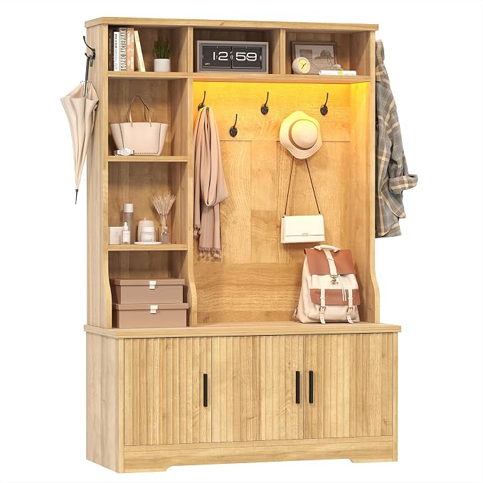 CSZZD Hall Tree with Bench and Shoe Storage, Fluted Entryway Bench with Coat - Image 9