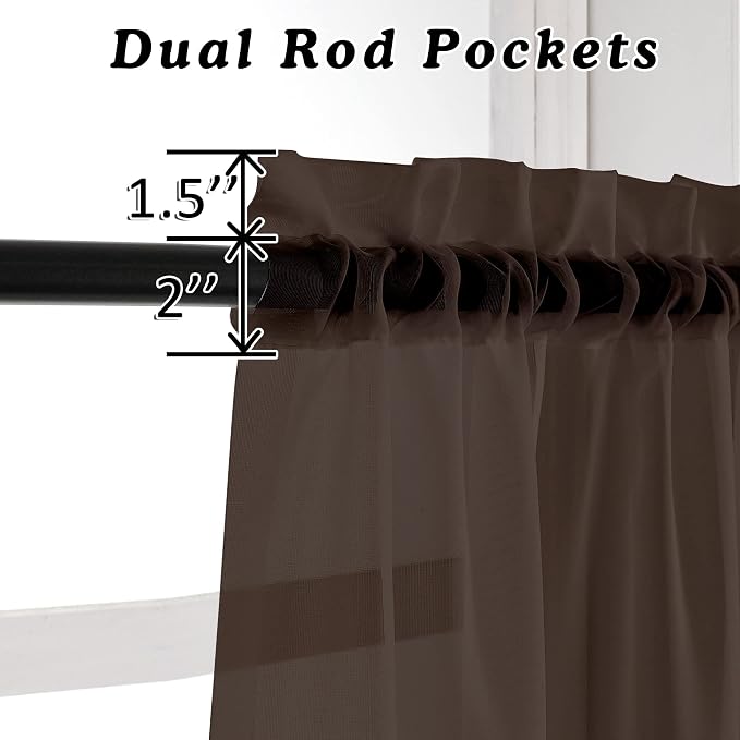 OVZME Chocolate Brown Sheer Curtains 45 Inches Long 2 Panels, Light Filtering - Image 2