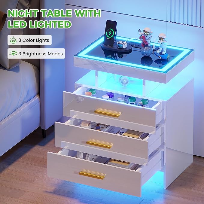 HNEBC Night Stand Set 2 with LED Lights, High Gloss Nightstand with 3 Drawers - Image 3