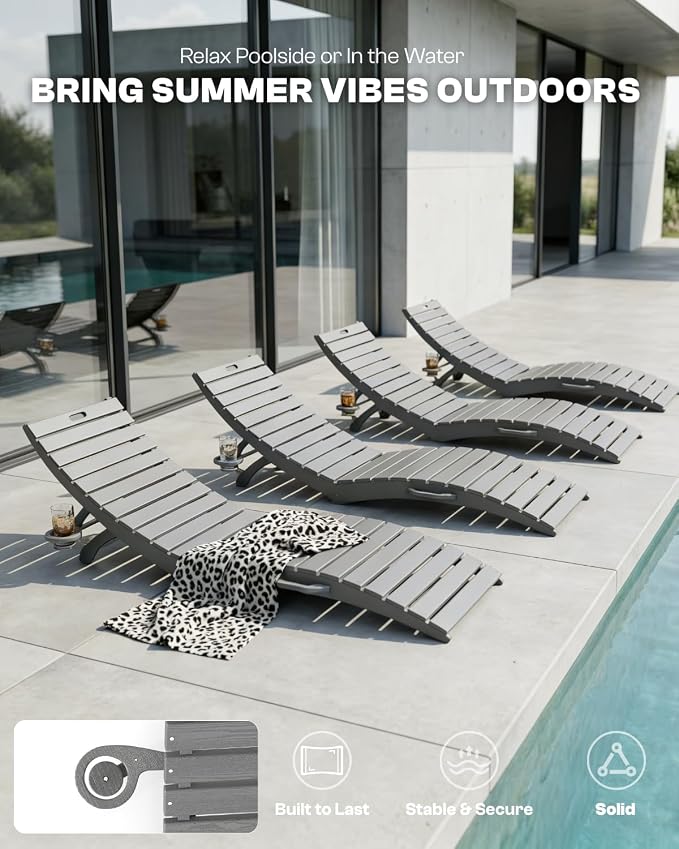 Folding HDPE Pool Lounge Chairs Set of 6, Pre-Assembled Outdoor Chaise Lounge - Image 6