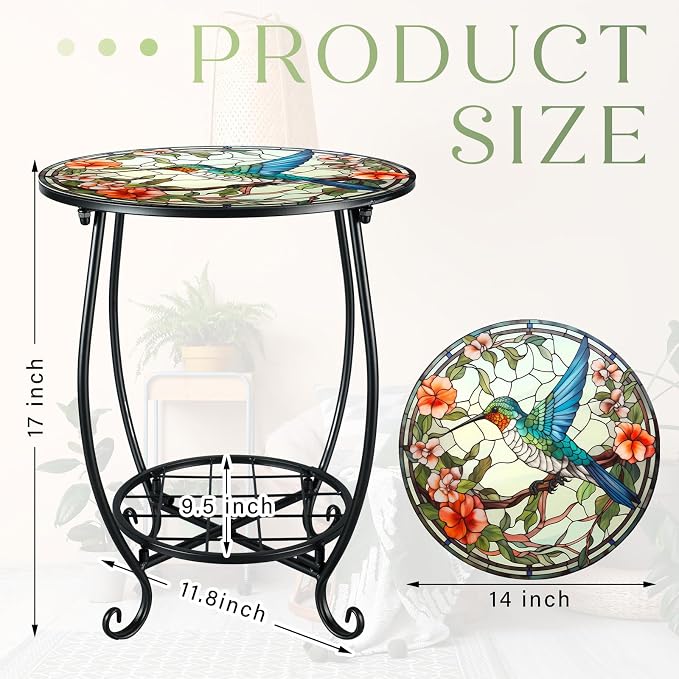 Cinnvoice Outdoor Side Table Round Small Mosaic Patio Accent Indoor End Plant - Image 3