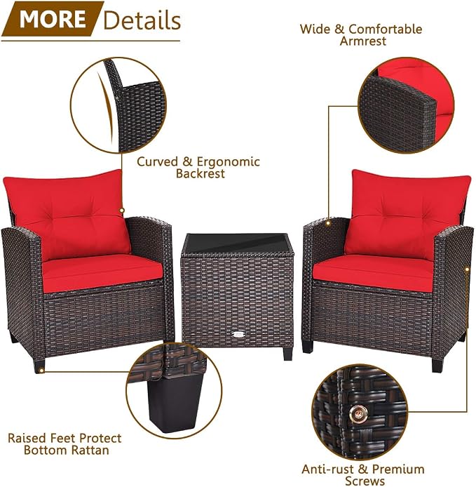 HAPPYGRILL 3 Pieces Patio Conversation Set, Outdoor Furniture Set PE Rattan - Image 7