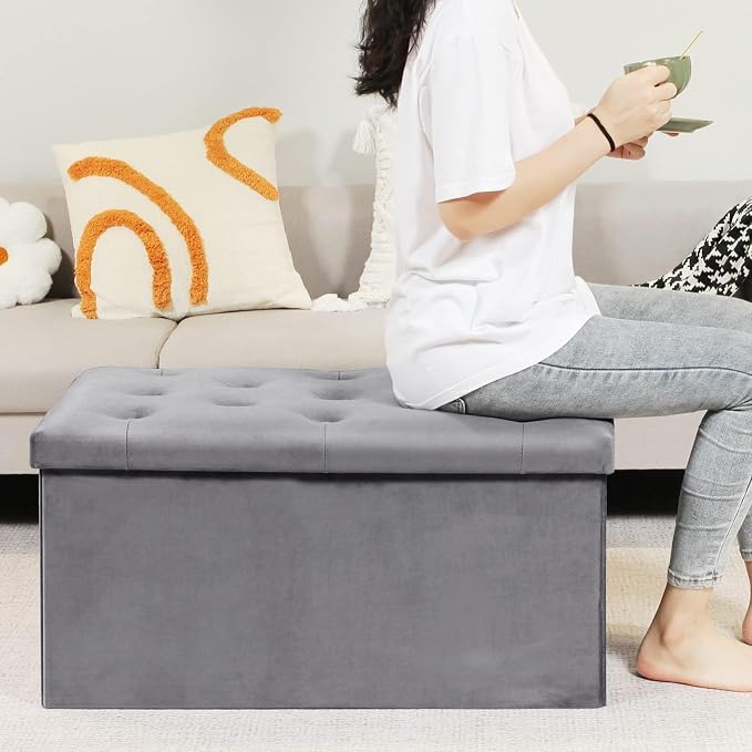 B FSOBEIIALEO Folding Storage Ottoman, Long Ottomans Shoes Bench, Velvet - Image 4
