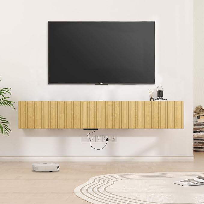 71” Floating TV Stand with LED Lights & Charging Station, Wall Mounted by EAZEHOME
