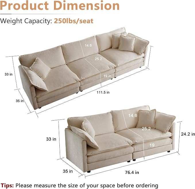 mikibama Luxury Oversized 3 Piece Sofa Set, 2 Pieces of 2 Seater and 1 Piece of - Image 2