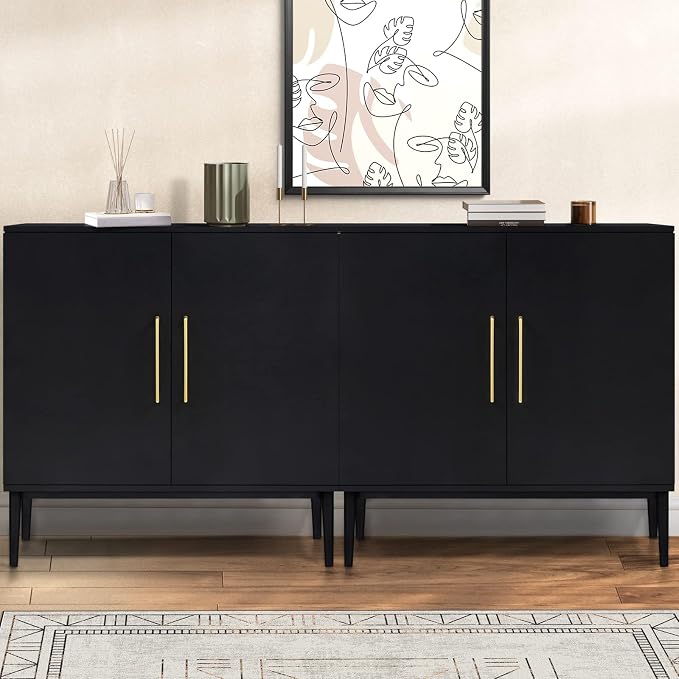 Set of 2 Storage Cabinet with Doors, Modern Black Accent Cabinet, Free Standing by REHOOPEX