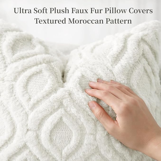 decorUhome Throw Pillow Covers 18x18 Inch Set of 2, Soft Plush Faux Wool Cream - Image 2