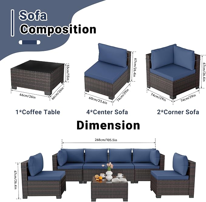 CHABATREE 7pcs Outdoor Patio Furniture Sets, Rattan Conversation Sectional Set - Image 2