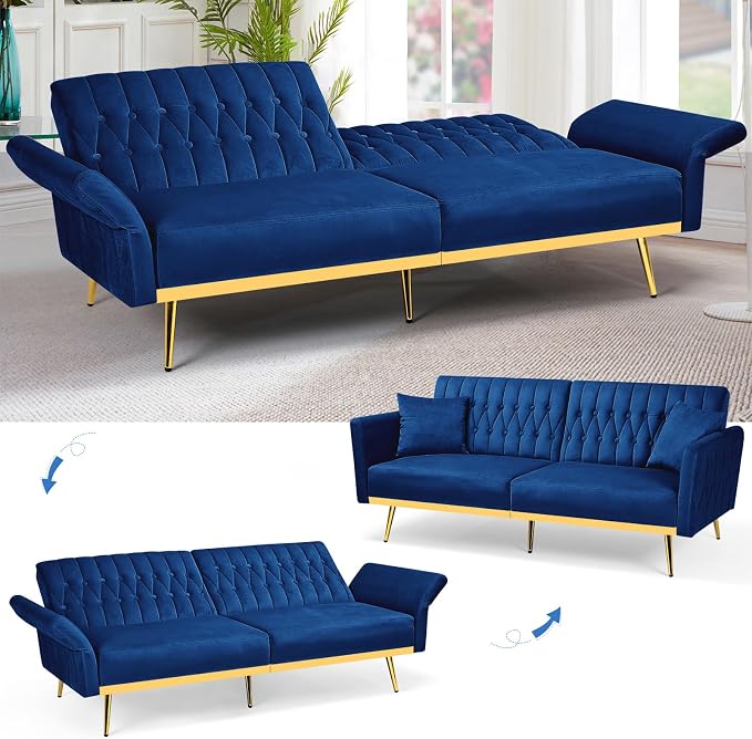 70” Velvet Futon Sofa Bed w/Adjustable Armrests and Backrest, Convertible Futon - Image 5