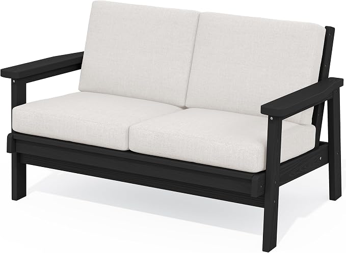SERWALL HDPE Outdoor Patio Loveseat, All Weather Wood-Like Outdoor Sofa HDPE by SERWALL