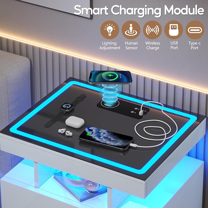 LED Nightstand Set 2 with Wireless Charging Station, Glass Top Smart Bedside - Image 4