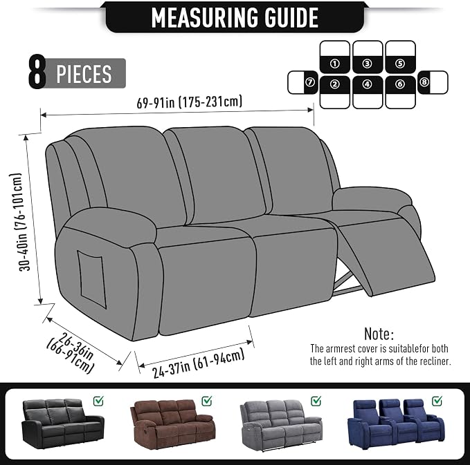 TAOCOCO Recliner Sofa Covers 8-Pieces Stretch Large Couch Covers - Image 5
