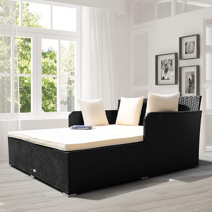 COSTWAY Outdoor Patio Rattan Daybed, Sponge Cushioned Loveseat Sofa - Image 4