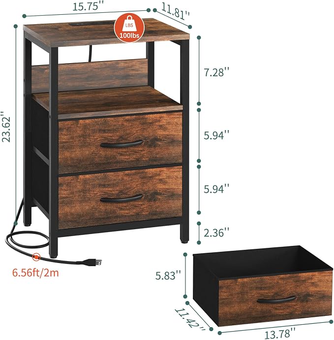 Yoobure Nightstand with Charging Station, Small Night Stand with Fabric Drawers - Image 3