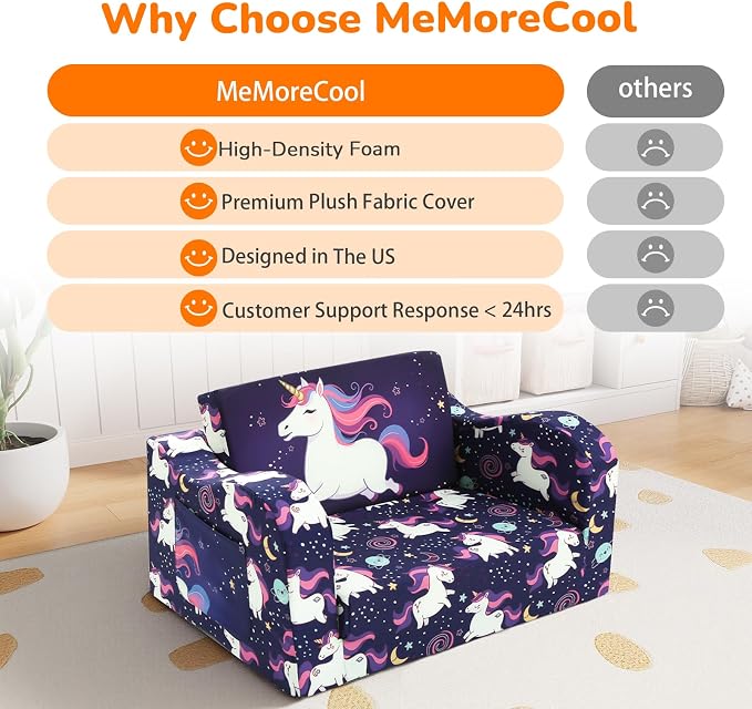 MeMoreCool Kids Folding Couch – Purple Unicorn Toddler Chair, Fold-Out 2-in-1 - Image 6