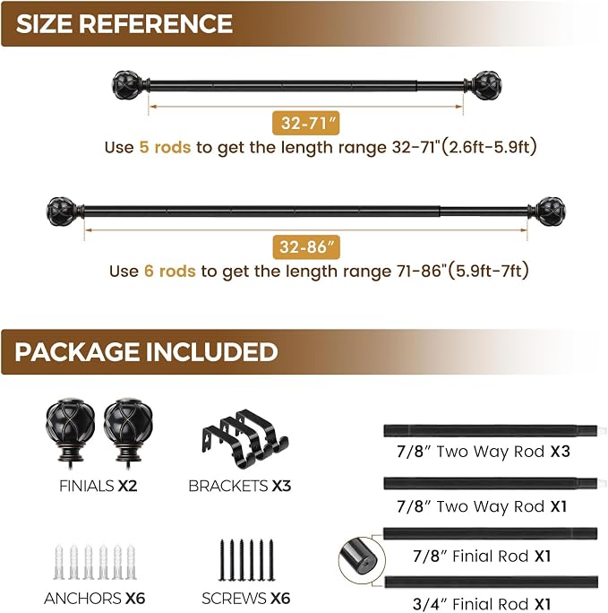 KAMANINA Curtain Rods for Windows 48 to 84 Inch, 7/8 Inch Single Decorative - Image 9