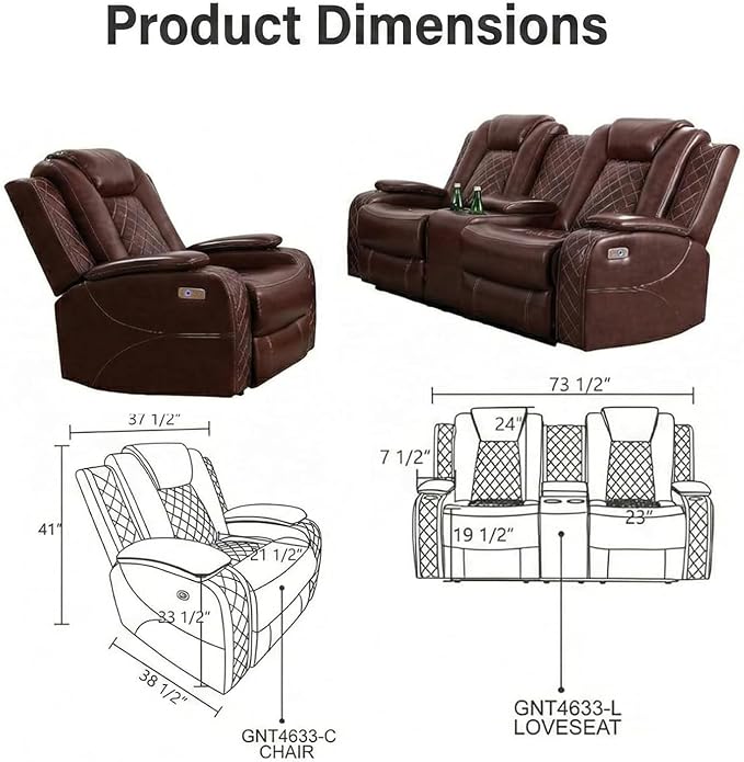 Power Recliner Sofa Set with LED Lights, Includes a Manual Recliner 1 Seat and - Image 2