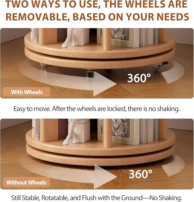Muwuele Solid Wood Rotating Bookshelf on Wheels, 5 Tier, Round Revolving - Image 5