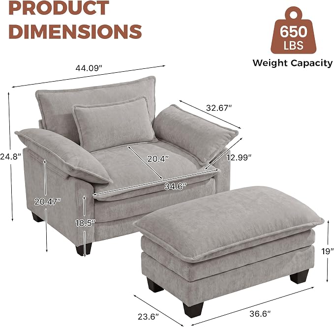 Oversized Accent Chair with Ottoman Set of 2, Upholstered Armchair with Extra - Image 2