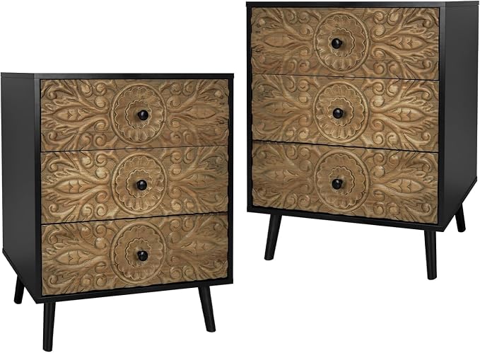 Carved Black Wood Nightstand, 3 Drawers Accent Cabinet, Vintage End Table by LFGUIZO