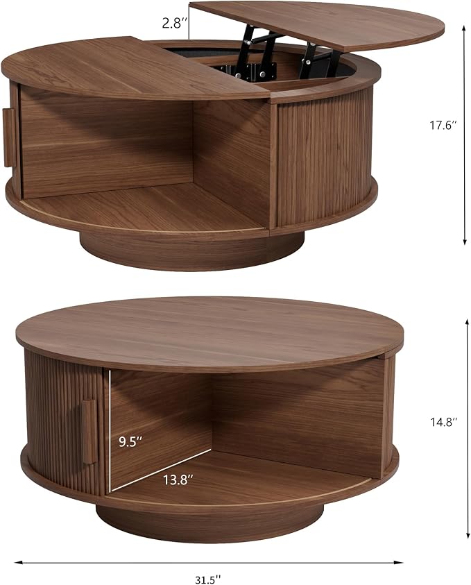 Round Lift Top Coffee Table, Mid Century Modern Fluted Circle Coffee Table - Image 2