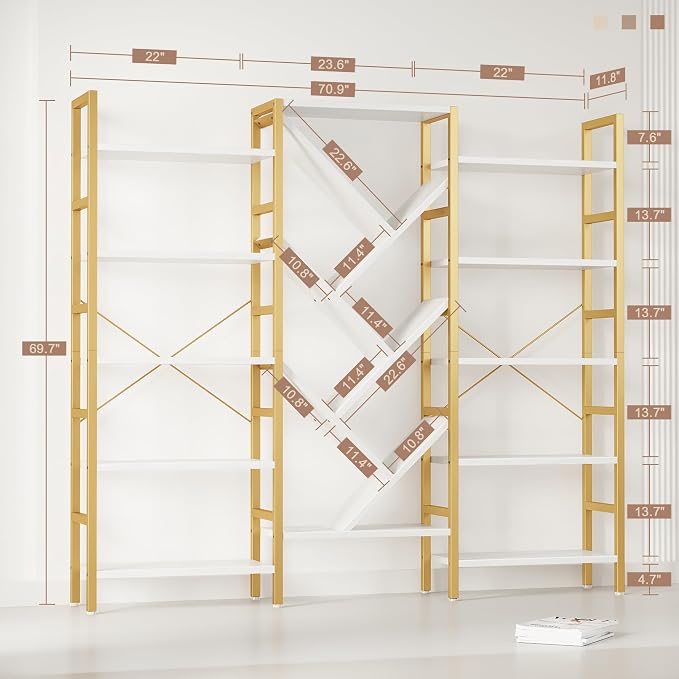 INNOD 70x70” Triple 5 Tier Book Shelf, Large Wooden Bookcase - Image 2